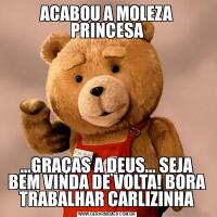 ACABOU A MOLEZA PRINCESA...GRAÇAS A DEUS... SEJA BEM VINDA DE VOLTA! BORA TRABALHAR CARLIZINHA