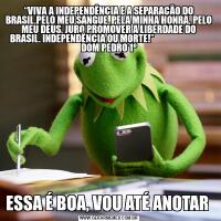 “VIVA A INDEPENDÊNCIA E A SEPARAÇÃO DO BRASIL.PELO MEU SANGUE, PELA MINHA HONRA, PELO MEU DEUS, JURO PROMOVER A LIBERDADE DO BRASIL. INDEPENDÊNCIA OU MORTE!”                              DOM PEDRO 1ºESSA É BOA, VOU ATÉ ANOTAR 