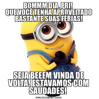 BOMMM DIA, PRI! 
QUE VOCÊ TENHA APROVEITADO BASTANTE SUAS FÉRIAS!SEJA BEEEM VINDA DE VOLTA! ESTÁVAMOS COM SAUDADES! 
