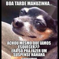 BOA TARDE MANUZINHA...ACHOU MESMO QUE ÍAMOS ESQUECER?? 
ERA SÓ PRA FAZER UM SUSPENSE HAHAHA