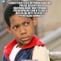 CARACTERÍSTICAS DO PARNASIANISMO
.POESIA DESCRITIVA
.RACIONALIDADE OBJETIVIDADE
. PREOCUPAÇÃO COM A TÉCNICA
.DEFESA DA ARTE PELA ARTE
 . PERFEIÇÃO FORMAL